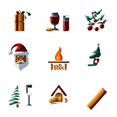 Christmas themed flat icon set featuring fireplace cookies Santa elf hat Christmas carol book and snowy cabin