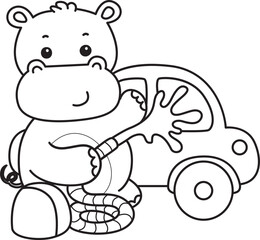 Naklejka premium Outline of Cute hippo icon. Lineart of Funny baby hippo animal series stock illustration. life of fluffy hippo designs.
