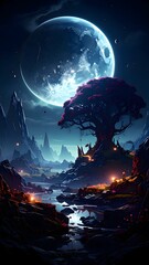 Fototapeta premium A dark alien landscape under shattered moon fragments, with twisted metallic trees and eerie ambient light. A hauntingly beautiful, futuristic terrain. Perfect for 4K sci-fi wallpaper scenes.