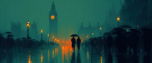 Mysterious Rainy Evening in London with Iconic Clock Tower Silhouettes and Soft Glowing Street Lights on a Foggy Urban Street, Evoking a Sense of Tranquility