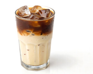 Iced latte in a tall glass with ice cubes and a visible layer of coffee on a white background