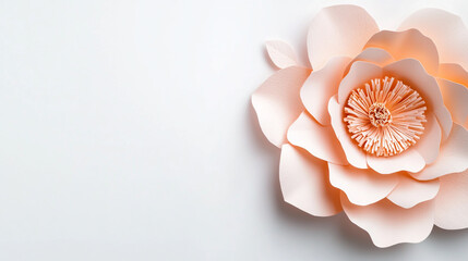 Photo of a paper flower on a white background, top view. Web banner with copy space in the right corner for text.