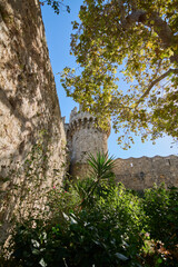 Ancient stone walls and a defensive tower of the Grand Master's Palace, partially obscured by green trees and pink flowers, creating a serene historical scene.