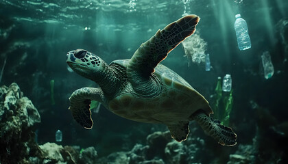 Obraz premium Sea turtle swims underwater. Plastic pollution visible on ocean floor. Environmental problem, ocean cleanup. Turtle, plastic bottles, marine life, ecological issue, water pollution, ocean protection.
