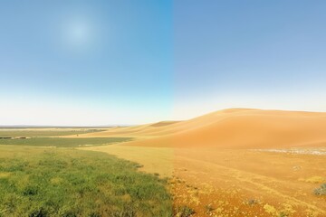 Vivid Contrast: Lush Green Fields Meet Golden Desert Dunes under a Bright Sun