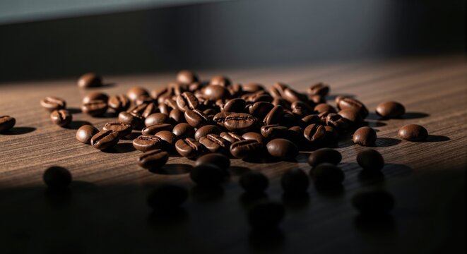 Pile of roasted coffee beans on a wooden table. Aromatic dark brown caffeinated seeds for breakfast beverage.