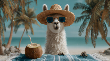 Obraz premium Llama in Sunglasses and Straw Hat Relaxing on Beach Towel with Coconut Drink