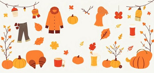 Cozy autumn scrapbook template with hygge clip art, seasonal clothes, drinks, and decor for planners and notebooks, blanket, candle