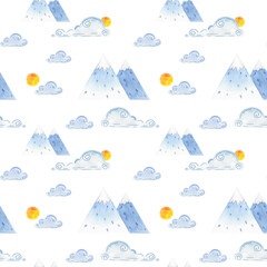 Seamless pattern. Set of watercolor Nepalese traditional items and objects. Hand drawn illustration of mountains and pagodas for children's illustration and design.