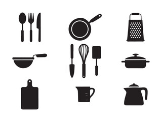 A collection of black and white icons depicting various modern kitchen appliances.