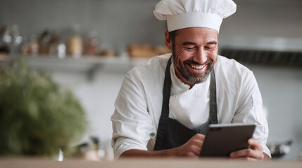 Happy chef in uniform using a tablet. Depicts modern culinary practices, recipe inspiration, food tech. Ideal for culinary blogs, restaurant promotions.