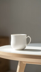 Fototapeta premium A clean, minimalist mockup scene featuring a white ceramic mug on a light wooden table, soft natural light, neutral background, modern aesthetic, high-resolution, photorealistic