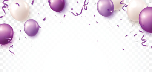 Purple balloons and confetti banner, isolated on transparent background © radenmas
