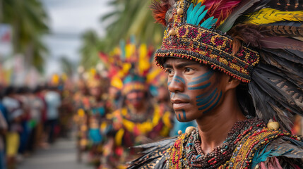 Fototapeta premium Vibrant Sandugo Festival Parade Featuring Tribal Warrior in Feathered Headdress and Blue Face Paint Celebrating Filipino Culture, History, and Indigenous Heritage in Bohol, Philippines