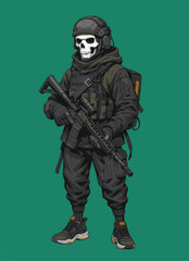Fototapeta premium Tactical Skull Mask Soldier with Rifle – Special Forces Military Illustration on Green Background