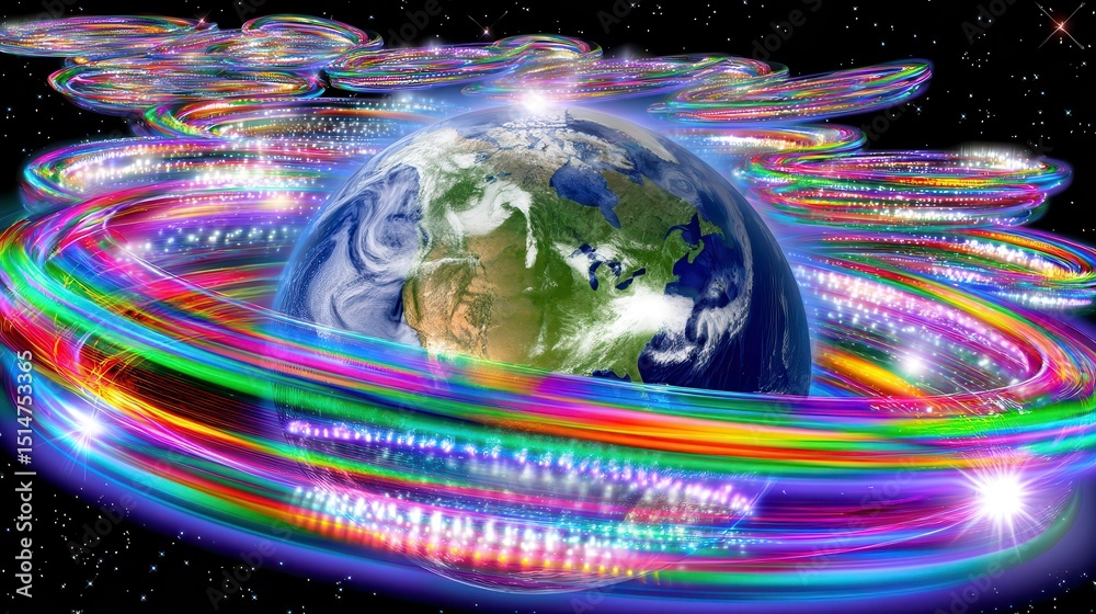 Sticker global connectivity network: abstract earth with fiber optic technology and data flow.