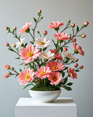 Fototapeta premium Elegant Arrangement of Pink and White Flowers in a Modern White Bowl on a Stand