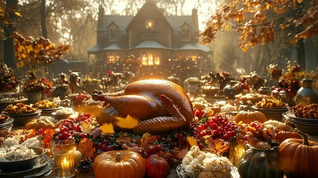 Autumn harvest feast with roasted turkey amidst fall foliage at cozy cottage. Happy Thanksgiving