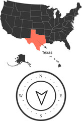 Texas state of USA. Texas territory and detailed silhouette. Texas's location in relation to a compass