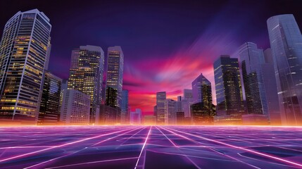 Futuristic Cityscape at Night with Neon Grid - Cyberpunk Architecture