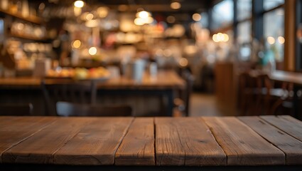 Rustic wooden table in blurred cozy cafe background