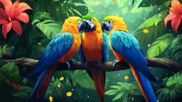 Three Colorful Parrots Perched Together