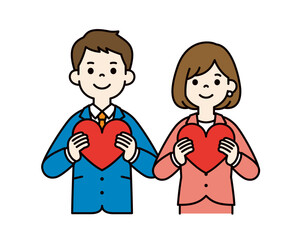 胸に大きなハートを抱える、ビジネスマンのシンプルなベクターイラスト素材＿男女セット＿カラー