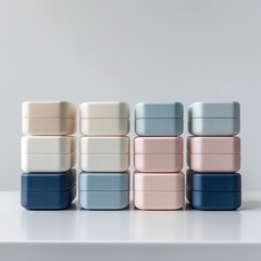 Modern Product Display: Small Tin Cases in Gentle Hues
