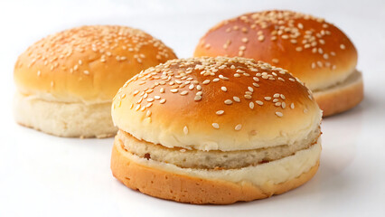 Three sesame seed buns isolated on white background, perfect for burgers, sandwiches, or rolls, showcasing their golden color and fresh baked texture