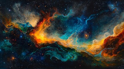 Vibrant Cosmic Nebula Painting with Orange Blue and Teal Hues