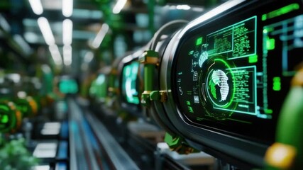 Technological Eco-Vision: Futuristic screens and displays showcase an eco-friendly tech environment, capturing a vision of sustainable technology and the future of innovation. - Powered by Adobe