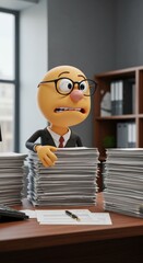 3D Cartoon Character Overwhelmed by Paperwork at Office Desk