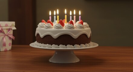3D Birthday Cake with Candles Strawberries Festive Celebration