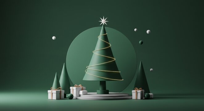 3D Christmas Trees And Gifts Green Background Holiday Celebration