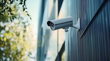 Exterior security camera mounted on building facade with blurred green foliage for enhanced surveillance and protection