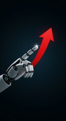 3D Render Robot Hand Pointing Red Arrow Upward Growth in Dark Background