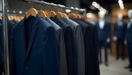 Elegant display of men's suits on hangers, showcasing various colors and styles in a boutique setting.
