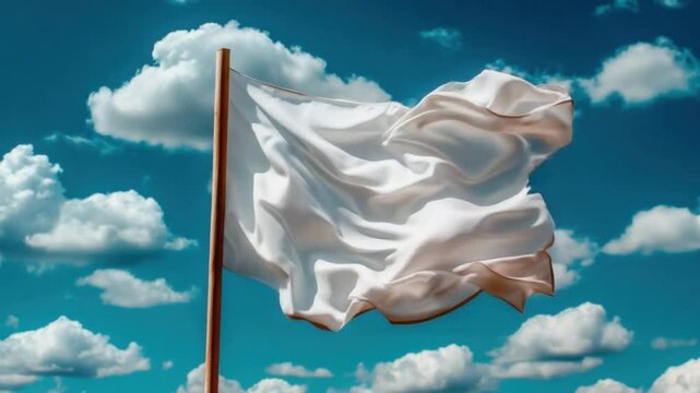White Flag of Surrender: A pristine white flag billows gracefully against a backdrop of a vivid blue sky dotted with fluffy clouds, symbolizing peace and surrender. 