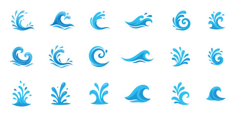 Blue ocean wave and splash icons water design elements