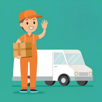 Cartoon delivery man waving with package and white van on green background