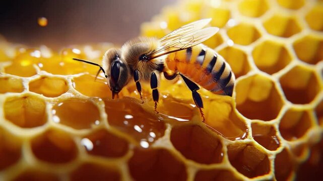 Bee on Honeycomb: A detailed macro shot showcases a bee standing atop a golden honeycomb, its intricate structure highlighted, while specks of light dance in the background.