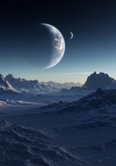 3D Illustration of Planet with Mountains Stars and Blue Cosmic Sky
