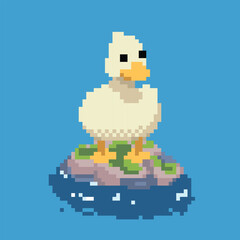 Cute pixel art duck standing on rock island in blue water, retro 8-bit style, isolated on background