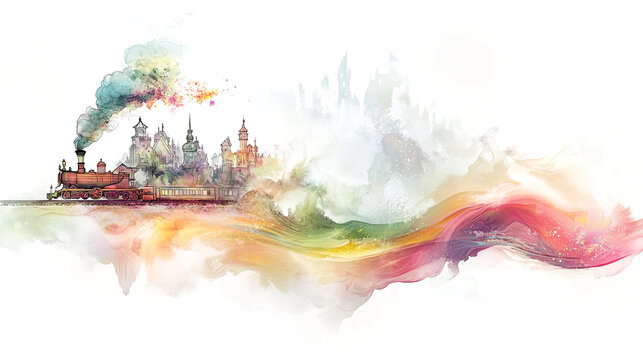 Colorful watercolor illustration of a vintage steam train traveling through a whimsical landscape with vibrant swirls and dreamy castle-like structures in the background