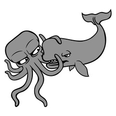 Octopus whale fighting deep sea monster spermwhale Isolated Vector Graphic Design Illustration
