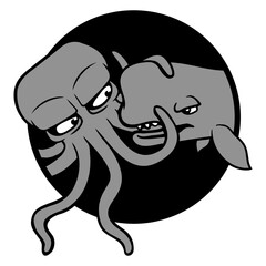 Octopus whale fighting deep sea monster spermwhale Isolated Vector Graphic Design Illustration
