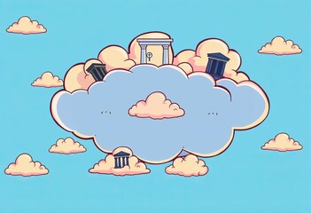 Isolated cartoon clouds with Greek symbols on a blue background,   simple,  mythology