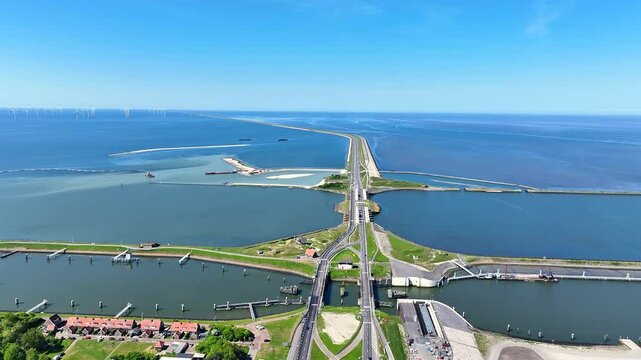 Aerial from the Lorentz sluices with little fish migration islands on the Afsluitdijk in the Netherlands