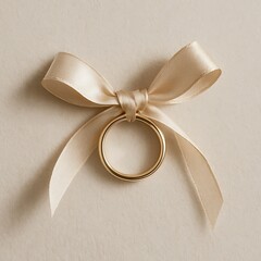 A gold ring tied with a satin ribbon bow on a neutral background, symbolizing elegance, love, and celebration.