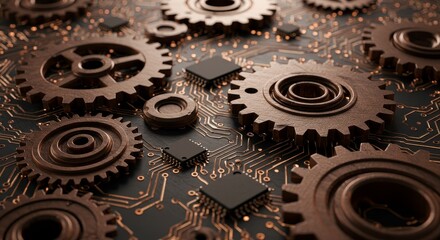 3D Rendering Brown Gears Copper Circuit Board Technology Innovation